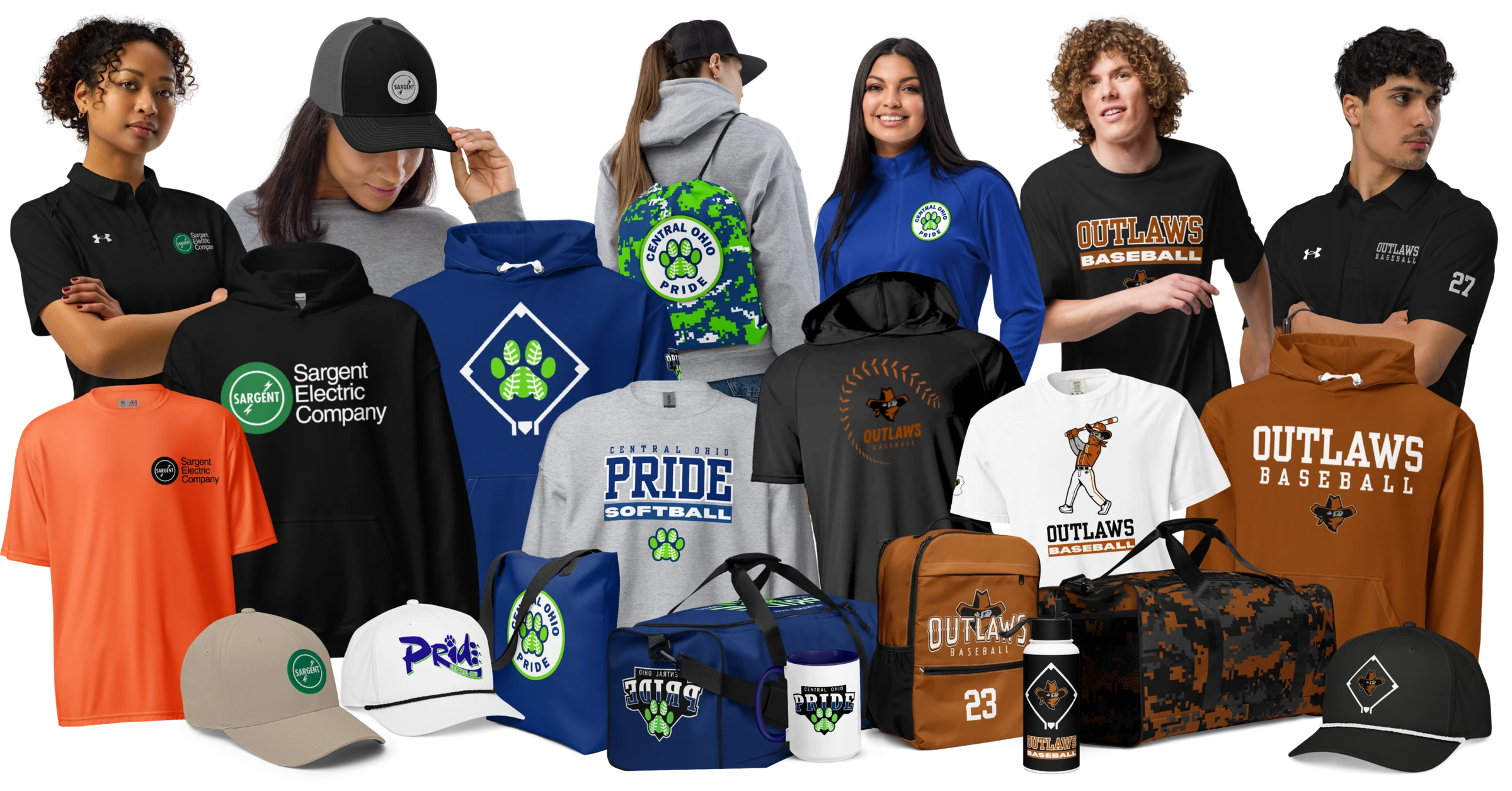 Custom apparel, bags and headwear made for Sargent Electric, Central Ohio Pride and Outlaws Baseball